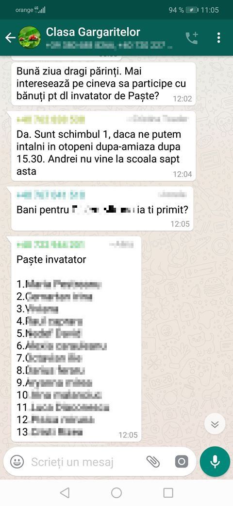 Discuții pe WhatsApp despre cum strâng părinții bani pentru cadourile de Paște ale dascălilor: “Un coș cum s-a luat și de Crăciun și restul banilor îi dăm în plic”. Câți bani scoate un părinte din buzunar