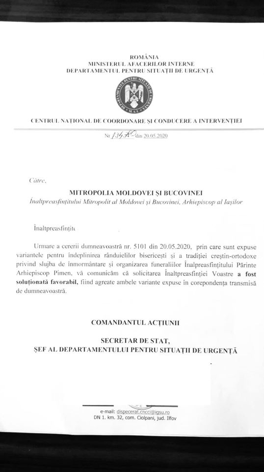 Instituția lui Arafat anunță că acordul pentru funeraliile lui Pimen nu a prevăzut și o derogare de la normele de sănătate publică