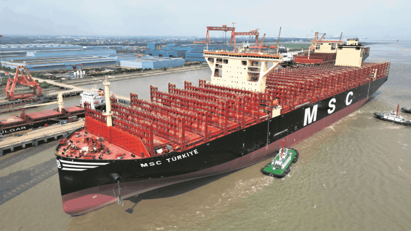 The MSC Turkiye is similarly massive at nearly 400 meters long and 61.3 meters wide, able to carry 24,346 TEUs, making it one of the largest container ships ever built.