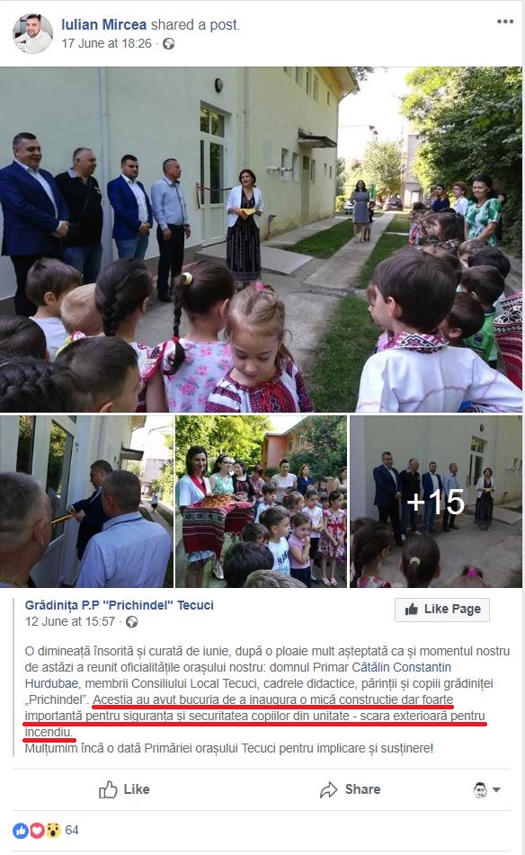 FOTOGALERIE | La Tecuci s-a tăiat panglica pentru o scară de incendiu. Primarul, întâmpinat cu pâine şi sare
