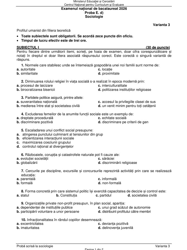Subiecte Sociologie la Bac 2026. Baremul de corectare a fost publicat