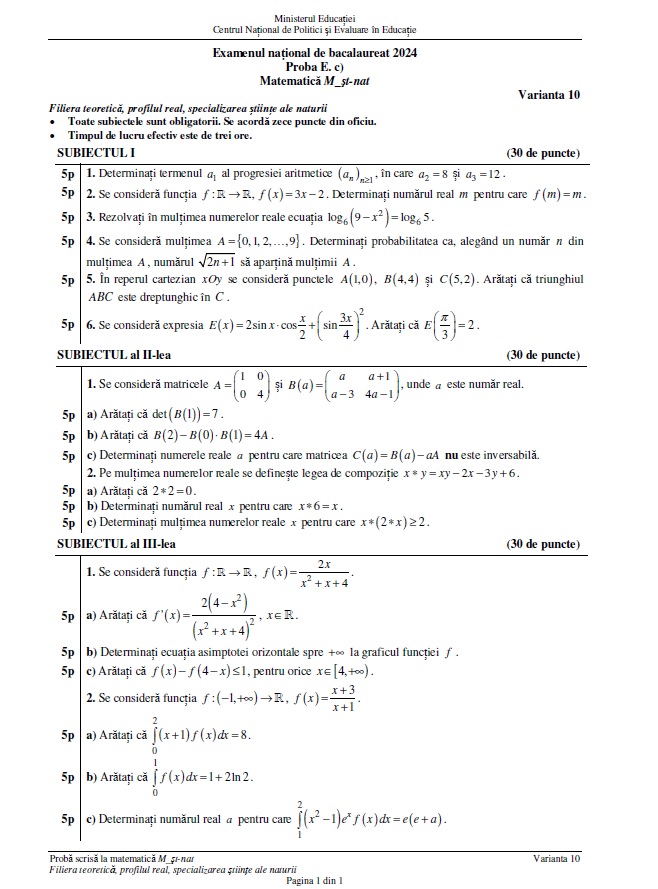 Baremul de corectare la matematică pentru Bacalaureat 2024, publicat pe EDU.ro