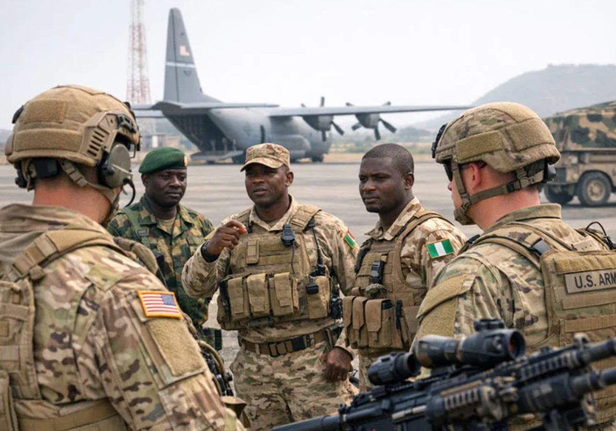U.S. Department of Defense. (2026). U.S. Army soldiers and Nigerian security forces personnel talk at Bauchi airfield [Photograph]. Ben Television. bentelevision.com
