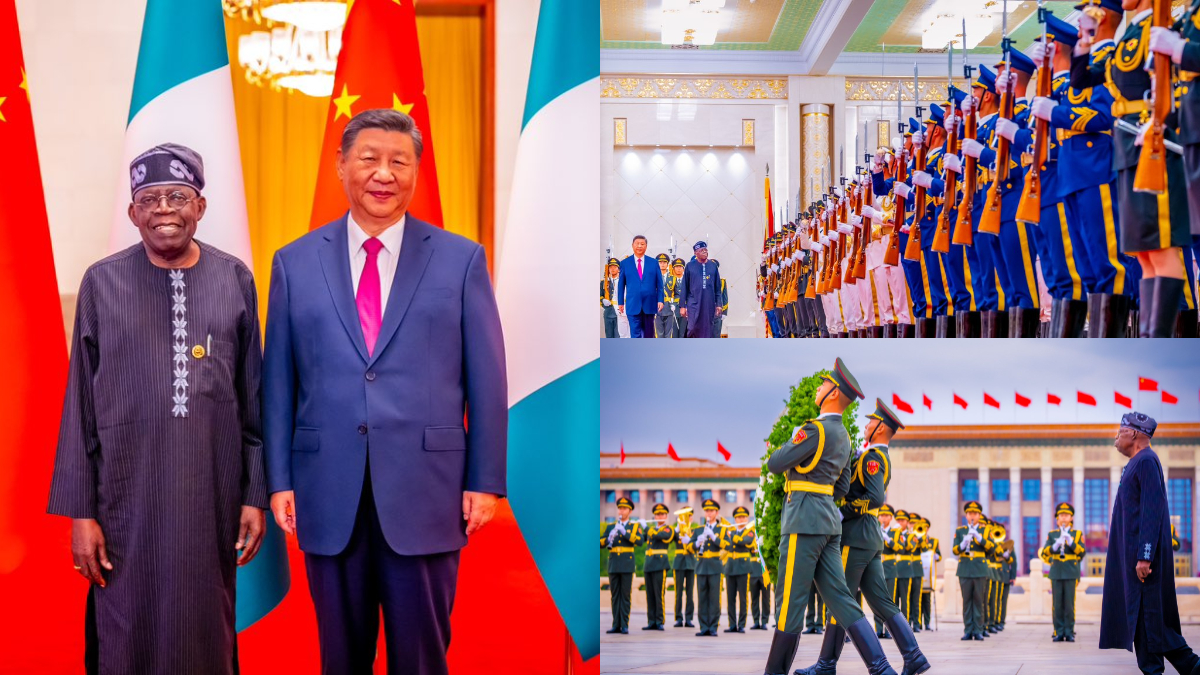 President Bola Tinubu was given a guard of honour as he was welcomed by Chinese President Xi Jinping. [X, formerly Twitter]