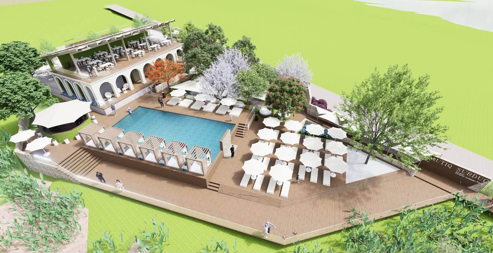 Proiect modern pe malul Lacului Surduc din Timiș: Piscină, ponton plutitor și zonă de relaxare ca în stațiuni