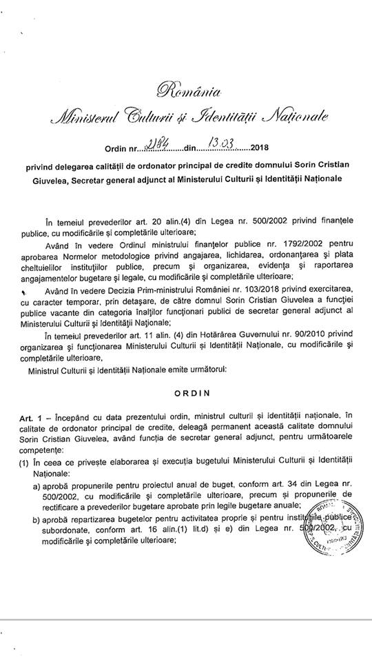 Ministrul Culturii George Ivașcu și-a delegat aproape toate atribuțiile unui secretar de stat