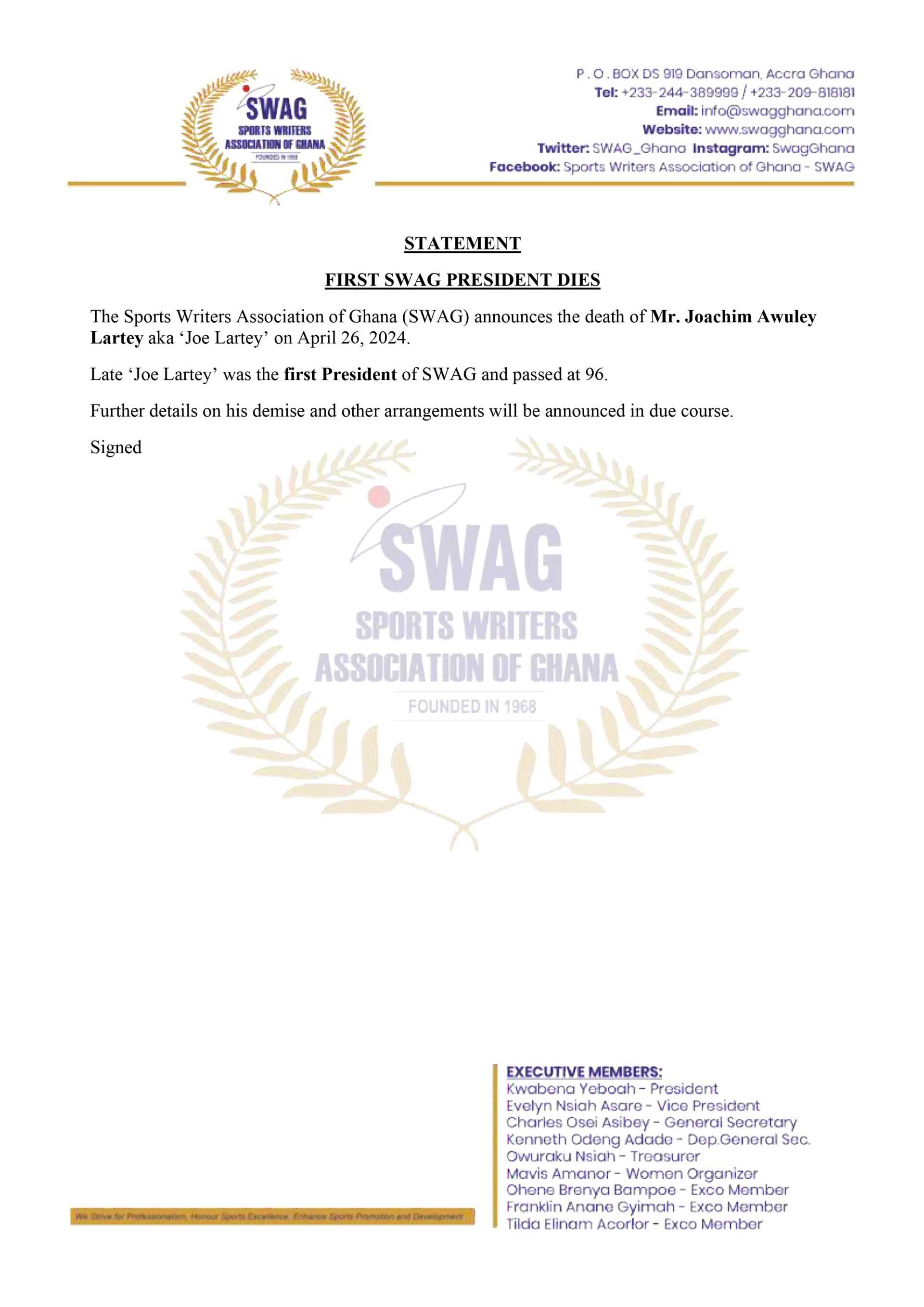 Ace sports commentator Joe Lartey Sr. passes away at 96