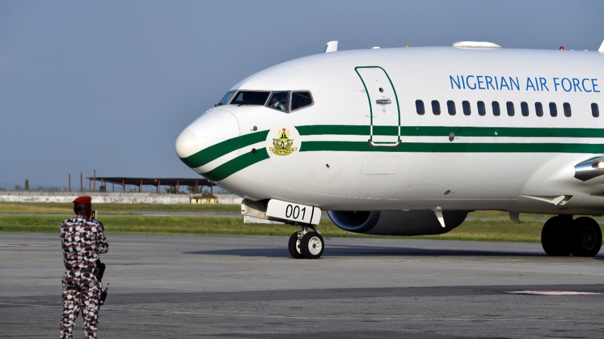 The presidential jet of the Nigerian Air Force (NAF) arrives at the Felix Houphouet-Boigny Airport in Abidjan on November 28, 2017. [Getty Images]