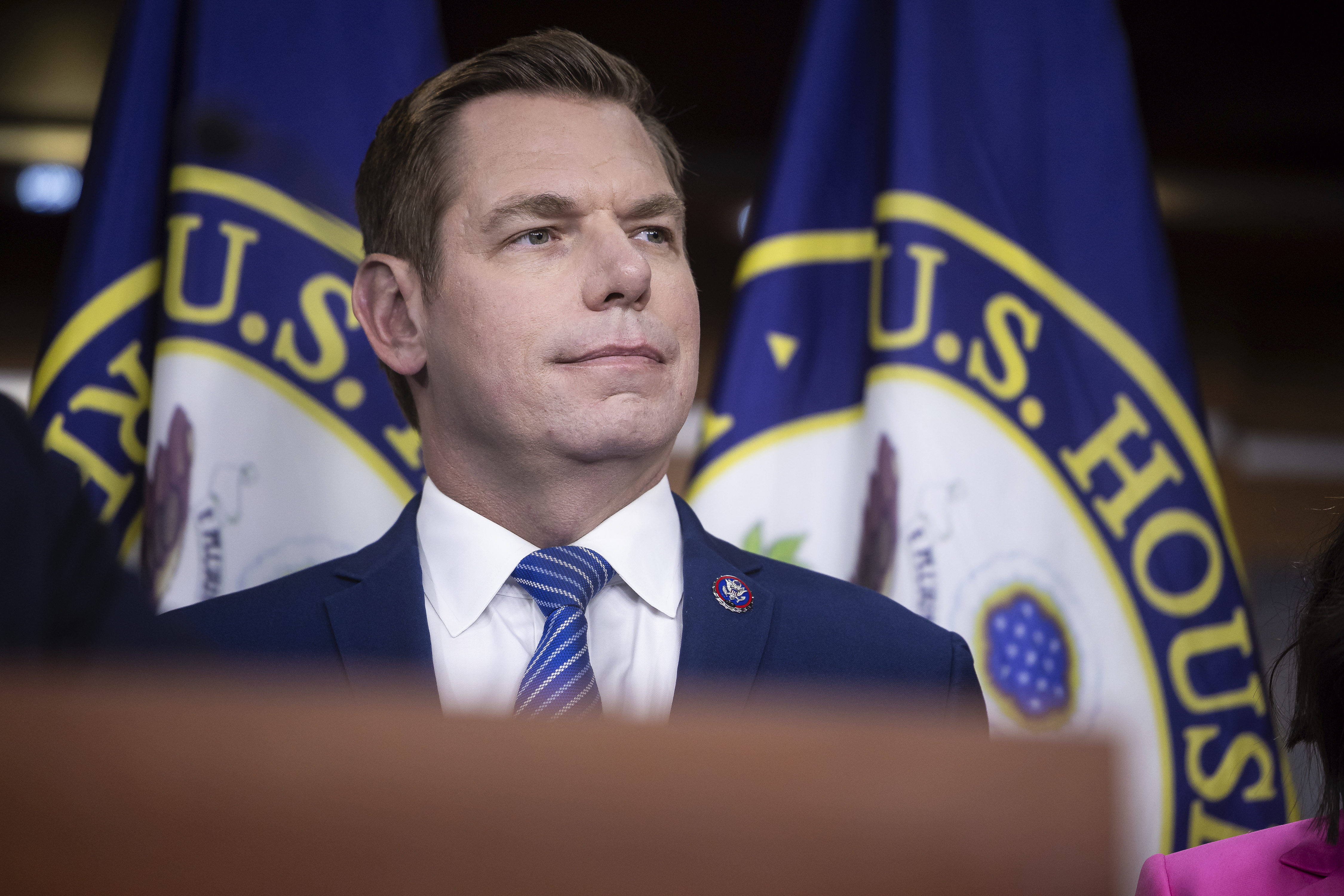 Rep. Eric Swalwell (D-Calif.) looks on during a press conference on Capitol Hill on Sept. 8, 2025. 