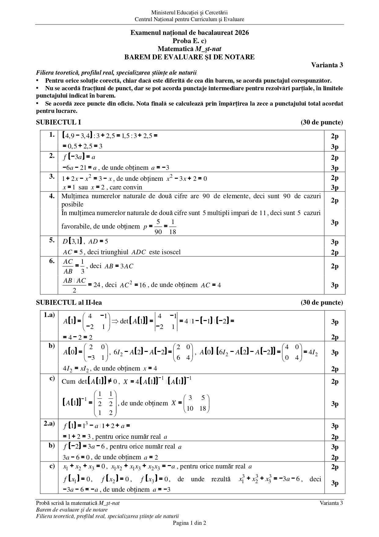 Baremul de corectare la BAC matematică 2026