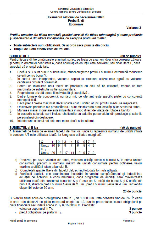 Subiecte Economie la Bac 2026. Baremul de corectare a fost publicat