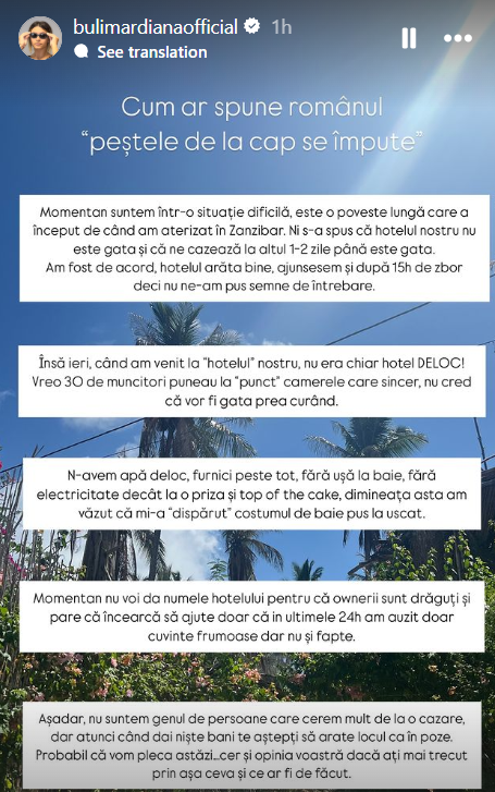 Șocul de care a avut parte Diana Bulimar atunci când ajuns la un hotel din Zanzibar. „Furnici peste tot, fără ușă la baie. Sunt într-o situație dificilă”