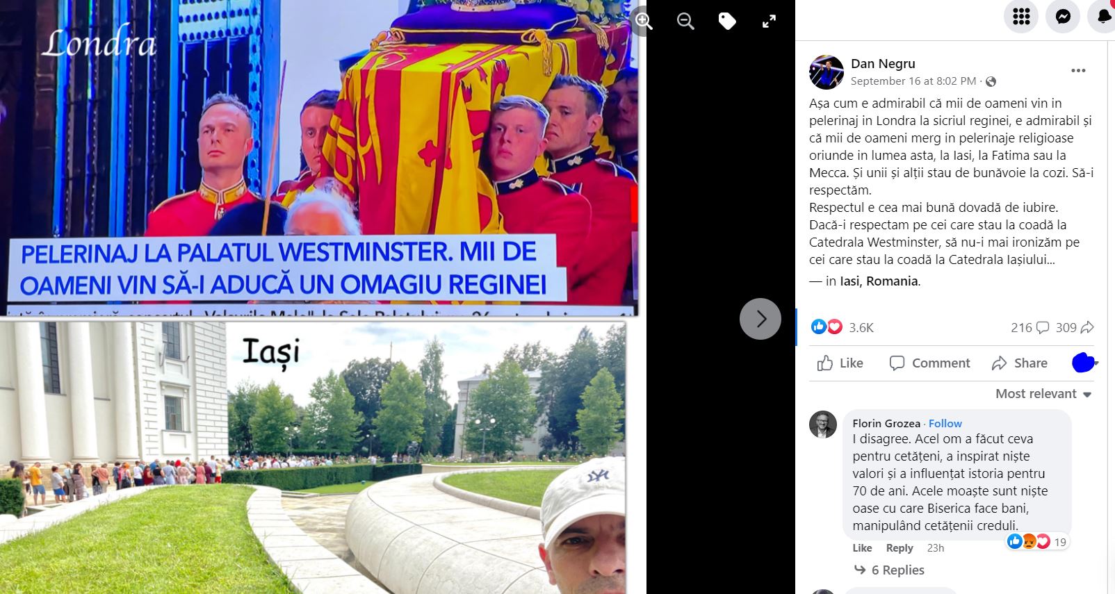 Dan Negru, despre oamenii care vin în pelerinaj în Londra la sicriul reginei Elisabeta a II-a: „Să nu-i mai ironizăm pe cei care stau la coadă la Catedrala Iașiului”