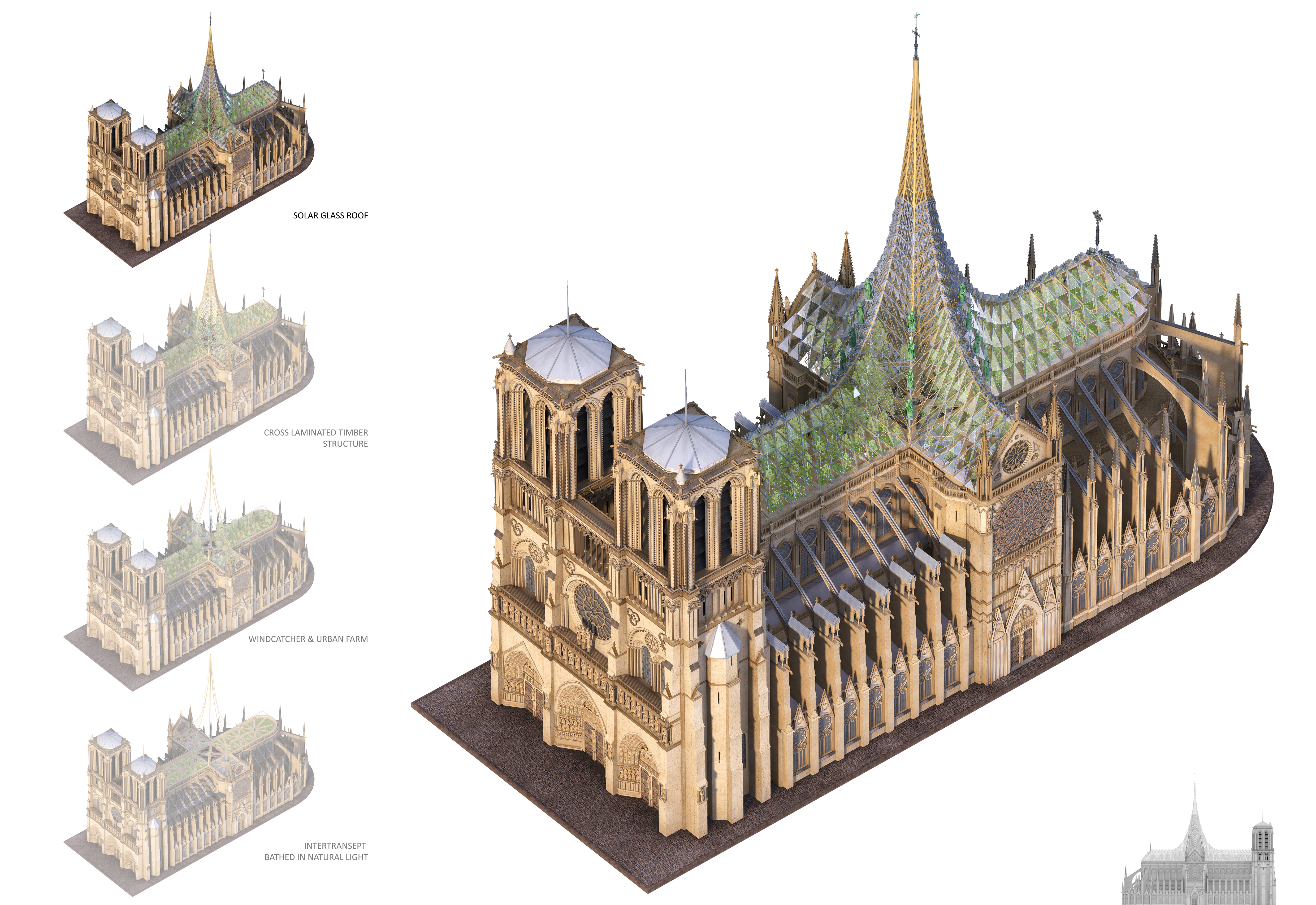 FOTO | Planul unui arhitect vizionar pentru restaurarea Catedralei Notre-Dame: O grădină de meditație și o fermă pe acoperișul clădirii la adăpostul unui dom din sticlă