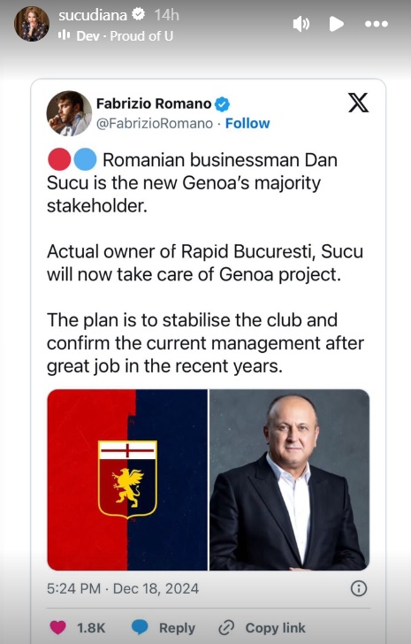 Cele șase cuvinte folosite de Diana Șucu pentru a-și descrie soțul. Ce melodie i-a dedicat după ce Dan Șucu a cumpărat clubul italian Genoa