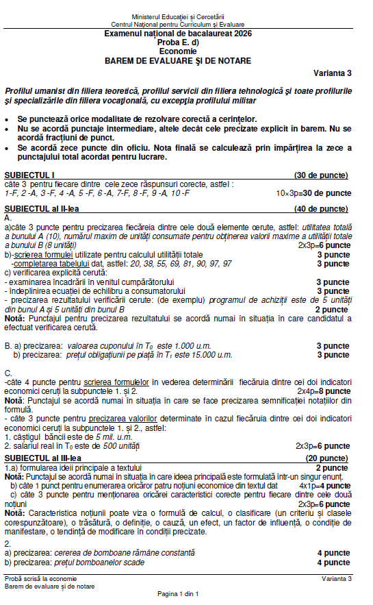 Subiecte Economie la Bac 2026. Baremul de corectare a fost publicat