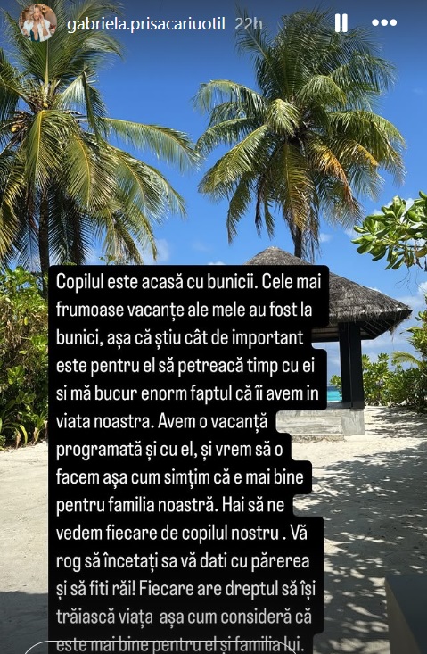 Reacția Gabrielei Prisăcariu după ce a fost criticată că a plecat în Maldive fără copilul ei și al lui Dani Oțil: „Vă rog să încetați să vă dați cu părerea”