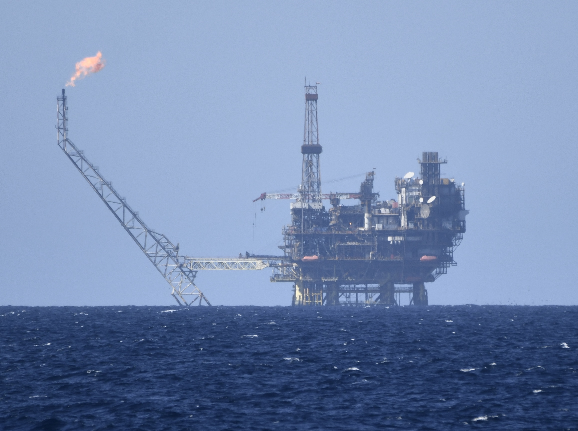 An oil and gas platform off the coast of Libya in the Central Mediterranean in the area of Bahr Essalam Gas Field and Bouri Oilfield. [Photo By Antonio Sempere/Europa Press via Getty Images]