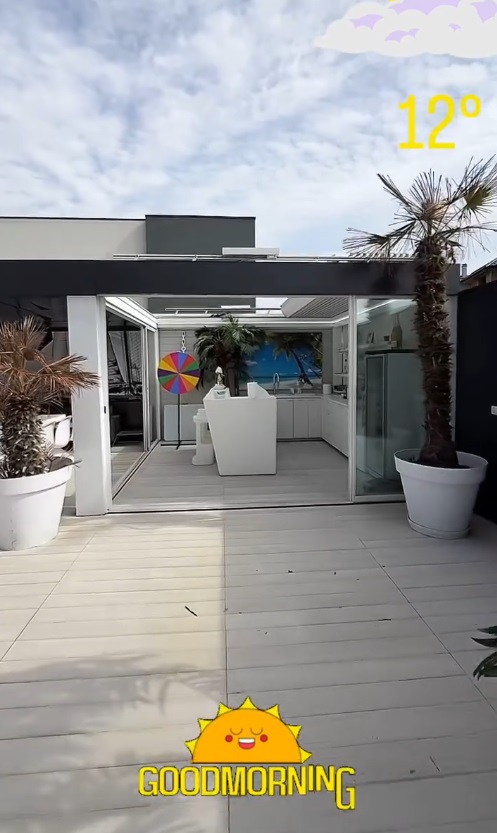 Imagini din curtea casei lui Dorian Popa, decorată cu pietre albe și palmieri. Nu are nici gazon, nici flori: „Am dat drumul la piscinică”