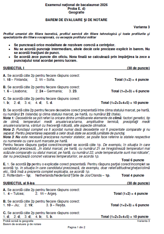 Subiectele şi baremele de corectare la Geografie la Bac 2026 au fost publicate