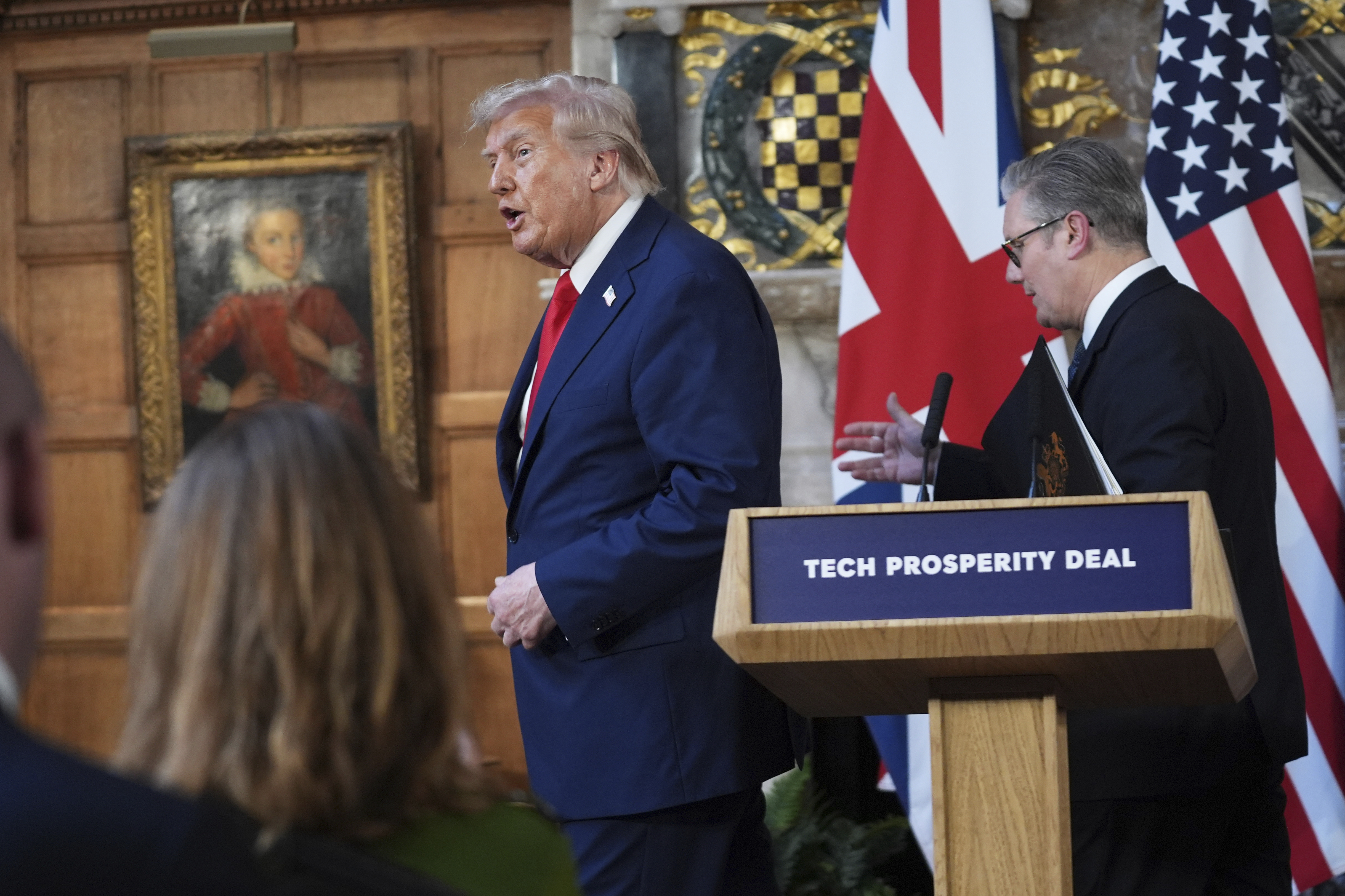 President Donald Trump and Britain's Prime Minister Keir Starmer leave after a joint press conference at Chequers near Aylesbury, England, Thursday, Sept. 18, 2025.
