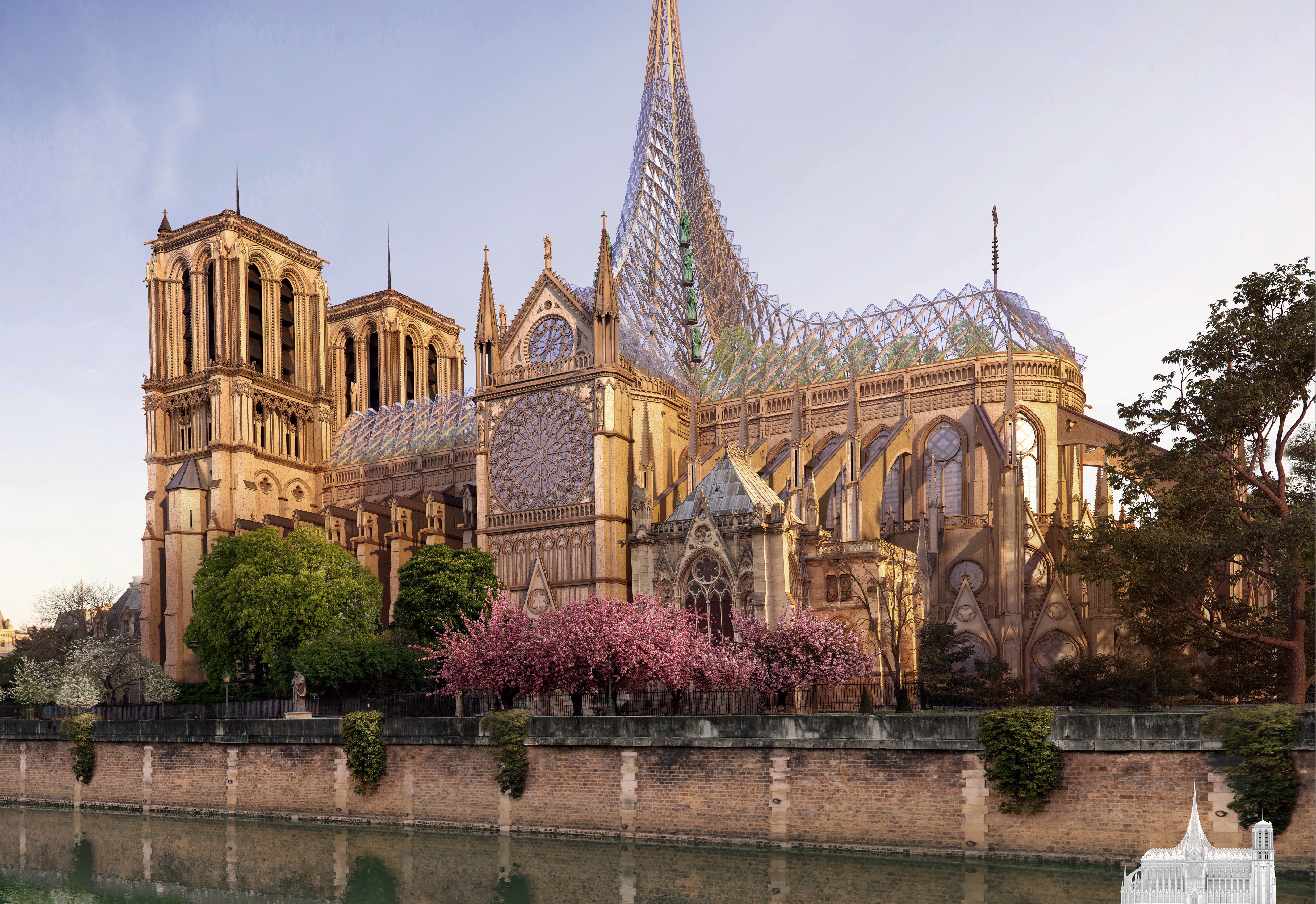 FOTO | Planul unui arhitect vizionar pentru restaurarea Catedralei Notre-Dame: O grădină de meditație și o fermă pe acoperișul clădirii la adăpostul unui dom din sticlă
