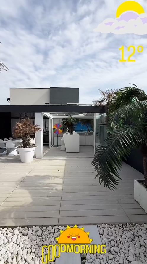 Imagini din curtea casei lui Dorian Popa, decorată cu pietre albe și palmieri. Nu are nici gazon, nici flori: „Am dat drumul la piscinică”