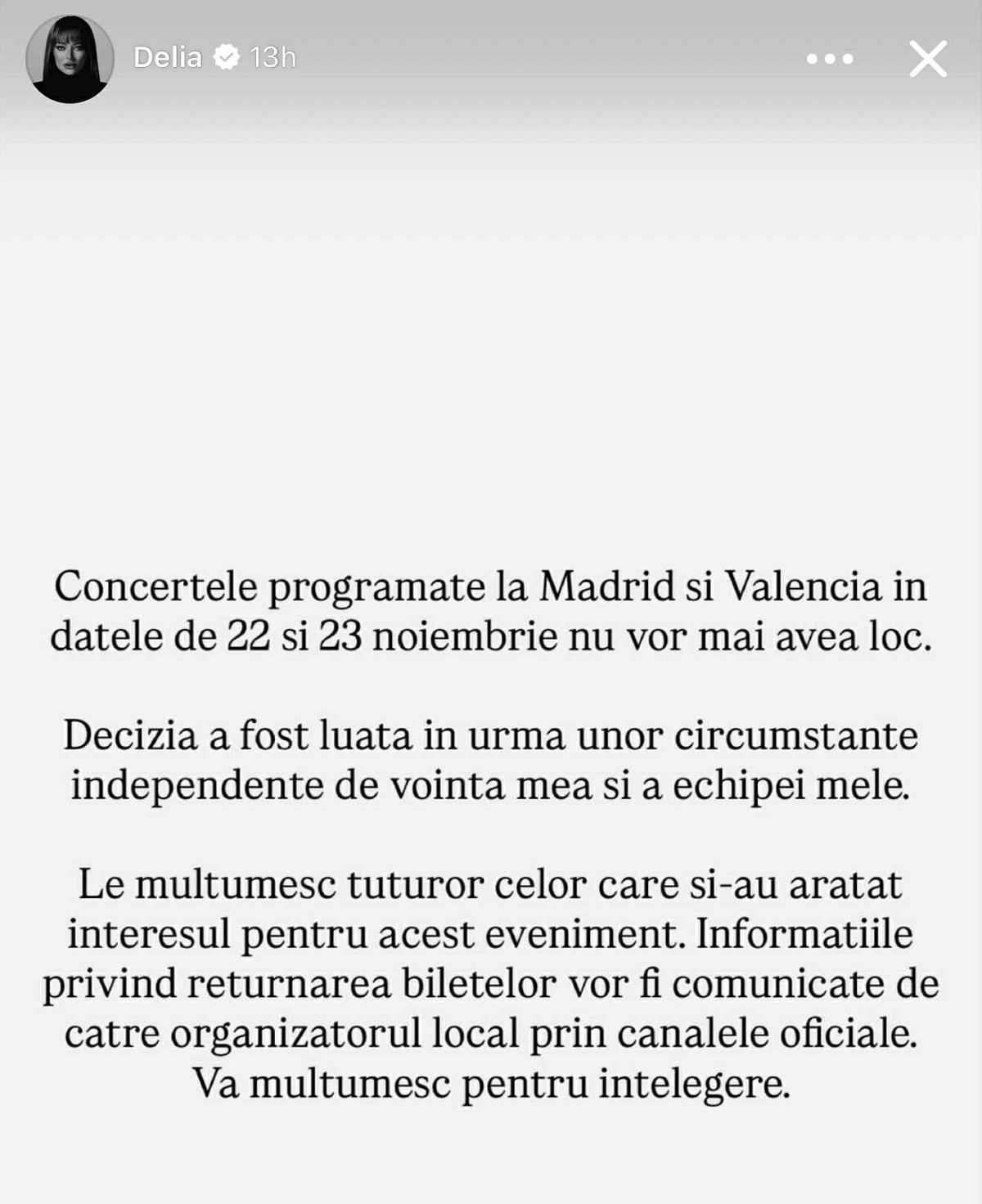 Motivul pentru care concertele Deliei de la Madrid și Valencia au fost anulate. Declarația cântăreței: „Vă mulțumesc pentru înțelegere”
