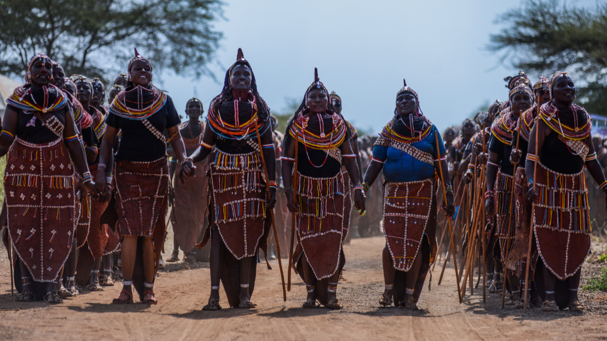 Ren'dille community perform cultural dance shows during a cultural festival with traditional clothes and jewelry and present their lifestyle in Loglogo city of Marsabit province in Kenya on August 24, 2024. [Photo by Gerald Anderson/Anadolu via Getty Images]