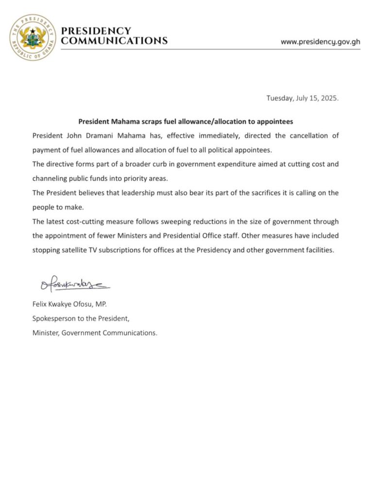 Ghana's President scraps fuel allowances for all political appointees