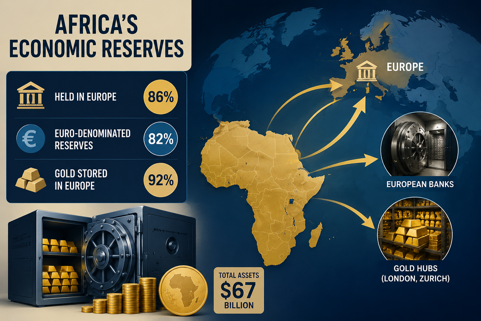 The BCEAO manages around $67 billion in assets, with 86% of external assets and 82% of foreign exchange reserves held in Europe, mostly in euros.