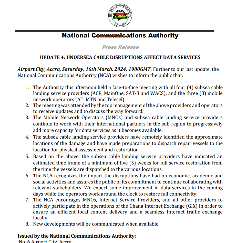 NCA forecasts internet service restoration within five weeks