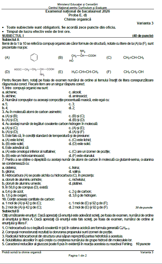 Subiecte Chimie la Bac 2026. Baremul de corectare a fost publicat