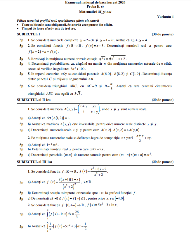 Subiecte Matematică BAC 2026, sesiunea de toamnă. Ce le-a picat elevilor la proba obligatorie a profilului la Bacalaureat