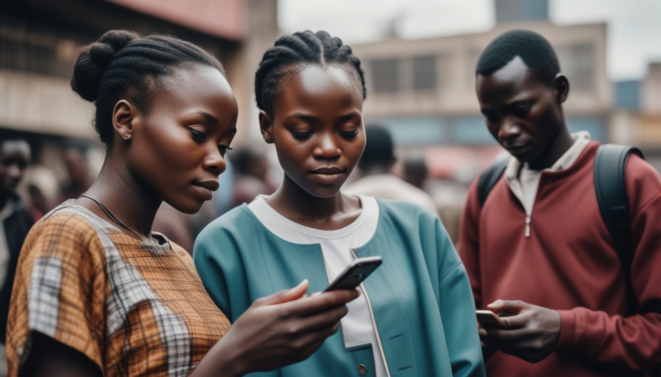 A photo of Kenyans in an very urban town using their phones