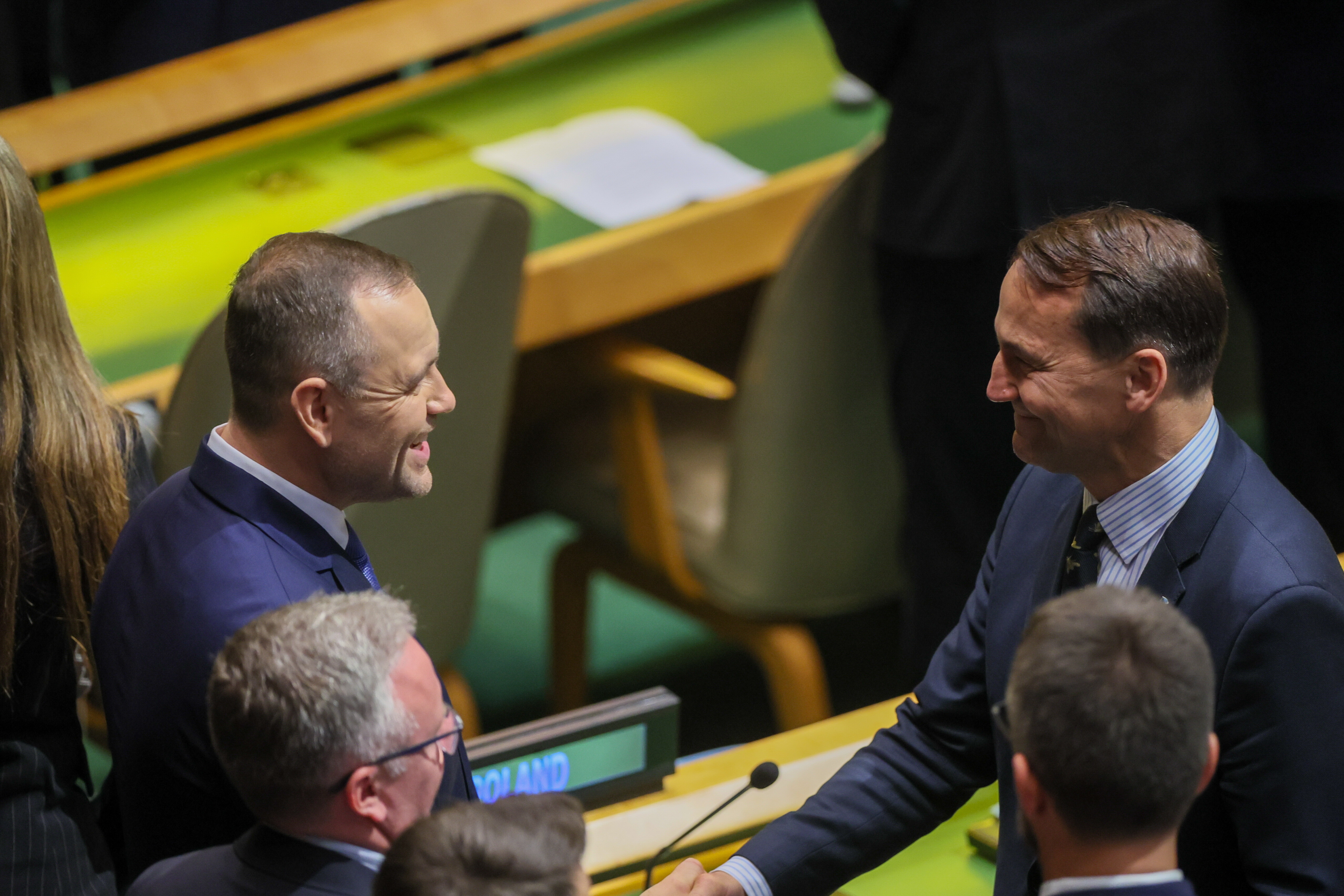 Prezydent Karol Nawrocki i szef MSZ Radosław Sikorski podczas posiedzenia Zgromadzenia Ogólnego ONZ w Nowym Jorku