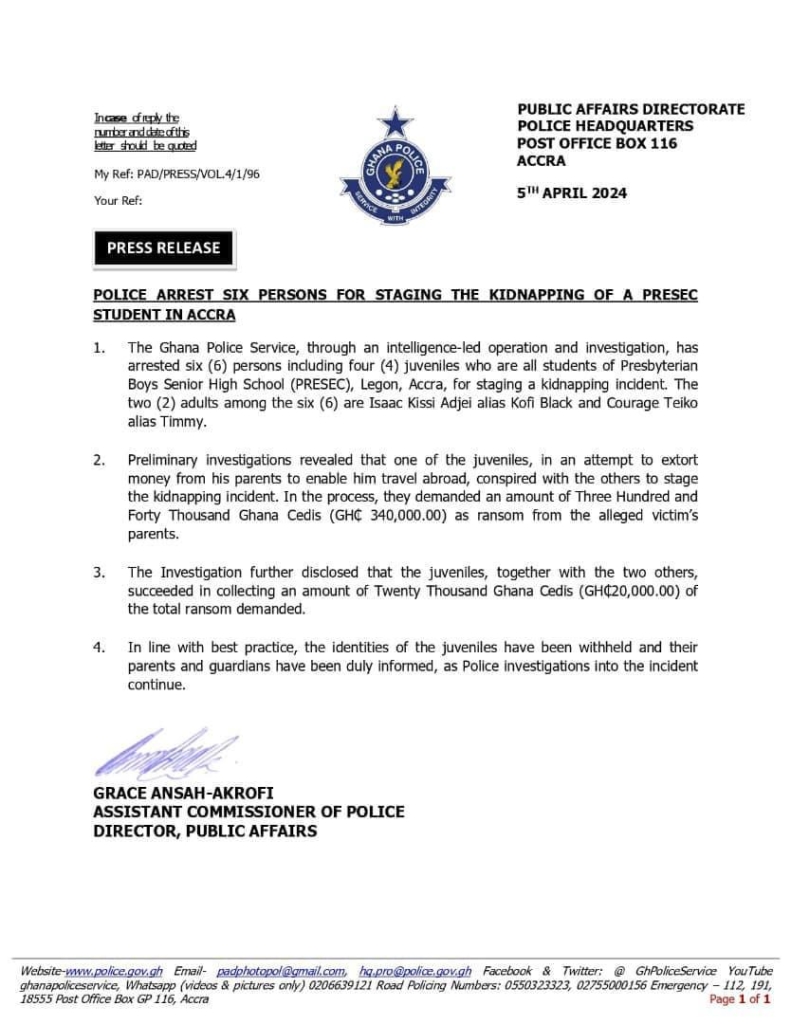 Police apprehend four PRESEC students in faux kidnapping scheme