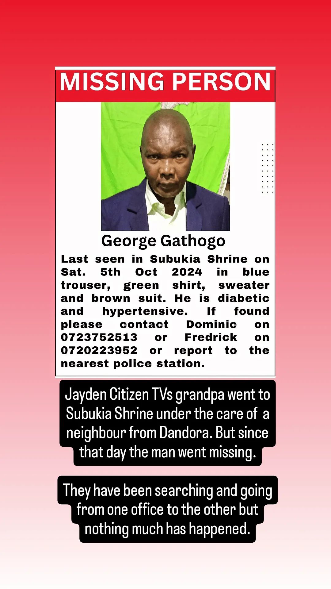 'Neema' series actor Prince Jude 'Jayden' pleads with fans to help him locate his missing grandfather