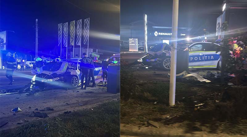 Mașină de poliție făcută armonică, după un accident lângă Pitești. 4 oameni au ajuns la spital, 3 au fost externați | VIDEO