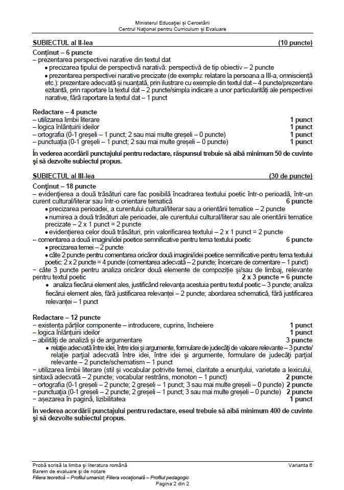 Baremul de corectare la BAC Română 2026
