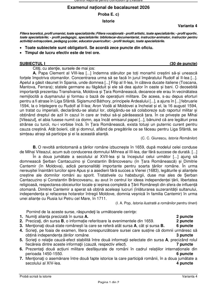 Subiecte Istorie BAC 2026, sesiunea de toamnă. Ce le-a picat elevilor la proba obligatorie a profilului la Bacalaureat 