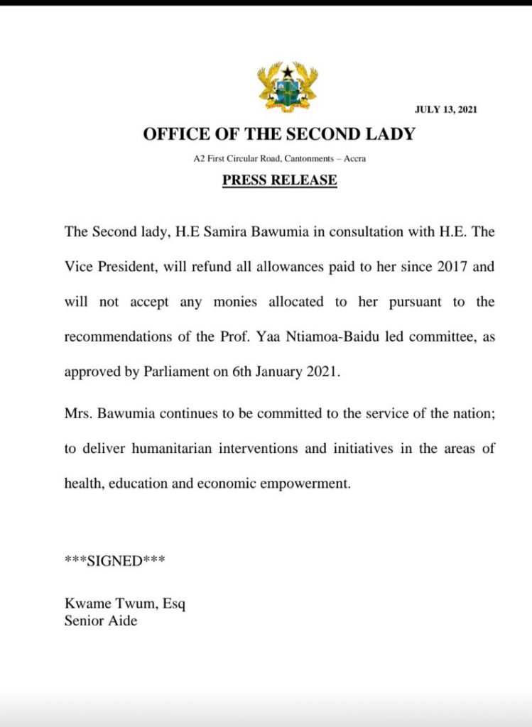 How First and Second Ladies rejected and refunded all allowances given to them since 2017