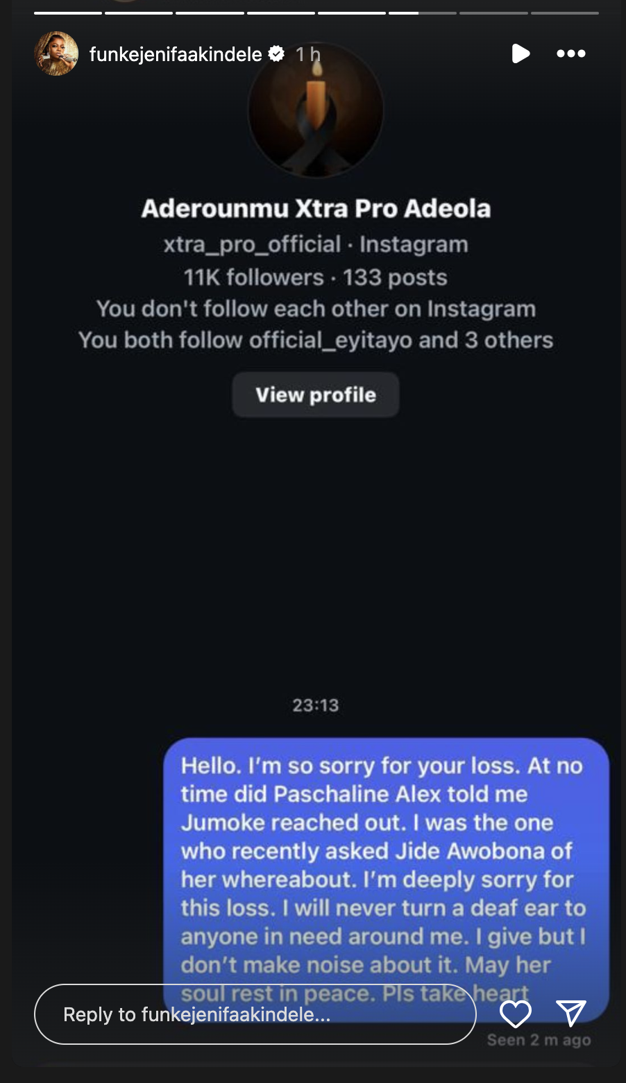 Screenshot of Akindele's message to Aderounmu’s brother