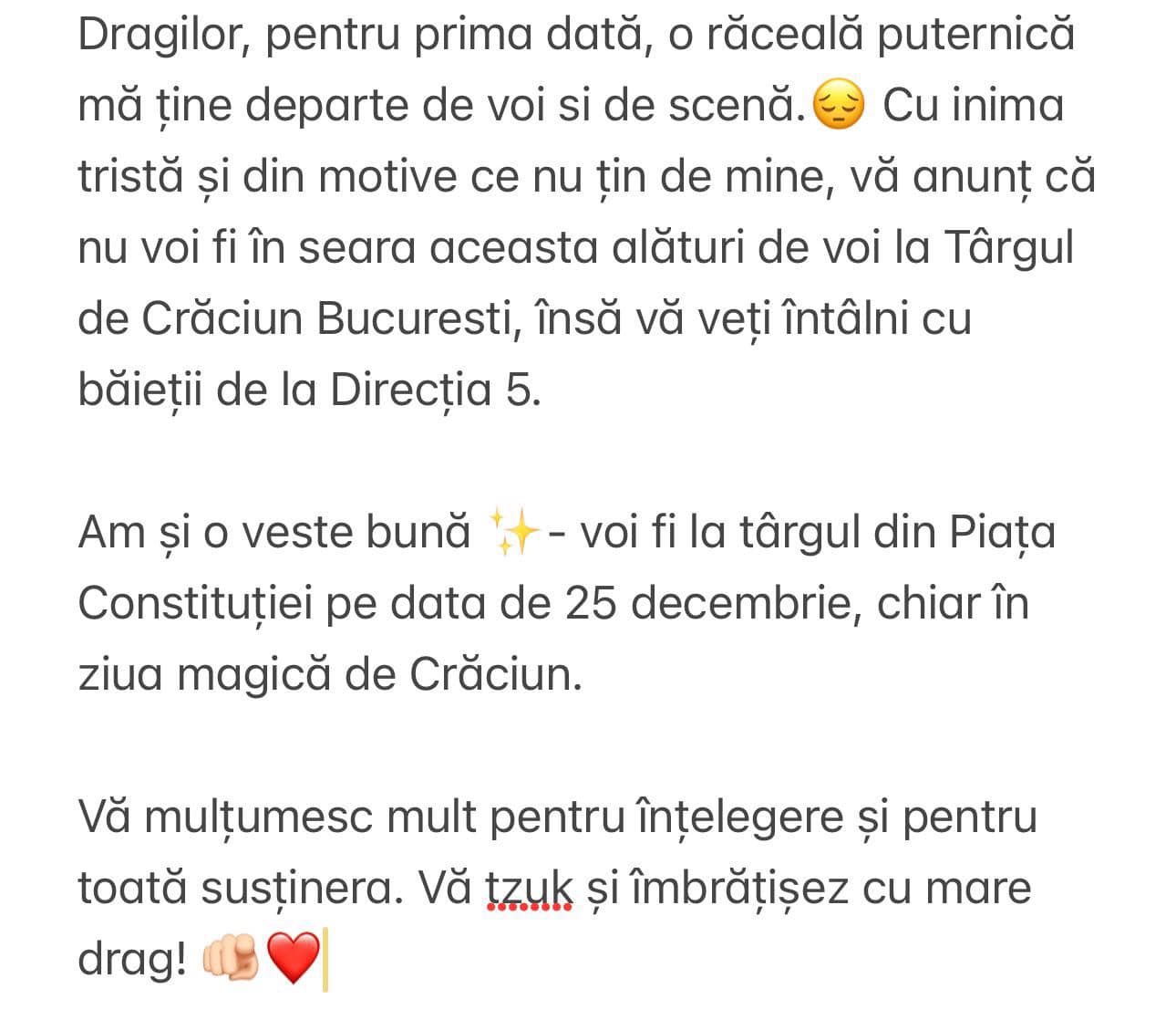 Lidia Buble și-a anulat concertul din această seară, la deschiderea Târgului de Crăciun București. „Cu inima tristă vă anunț că nu voi fi alături de voi”