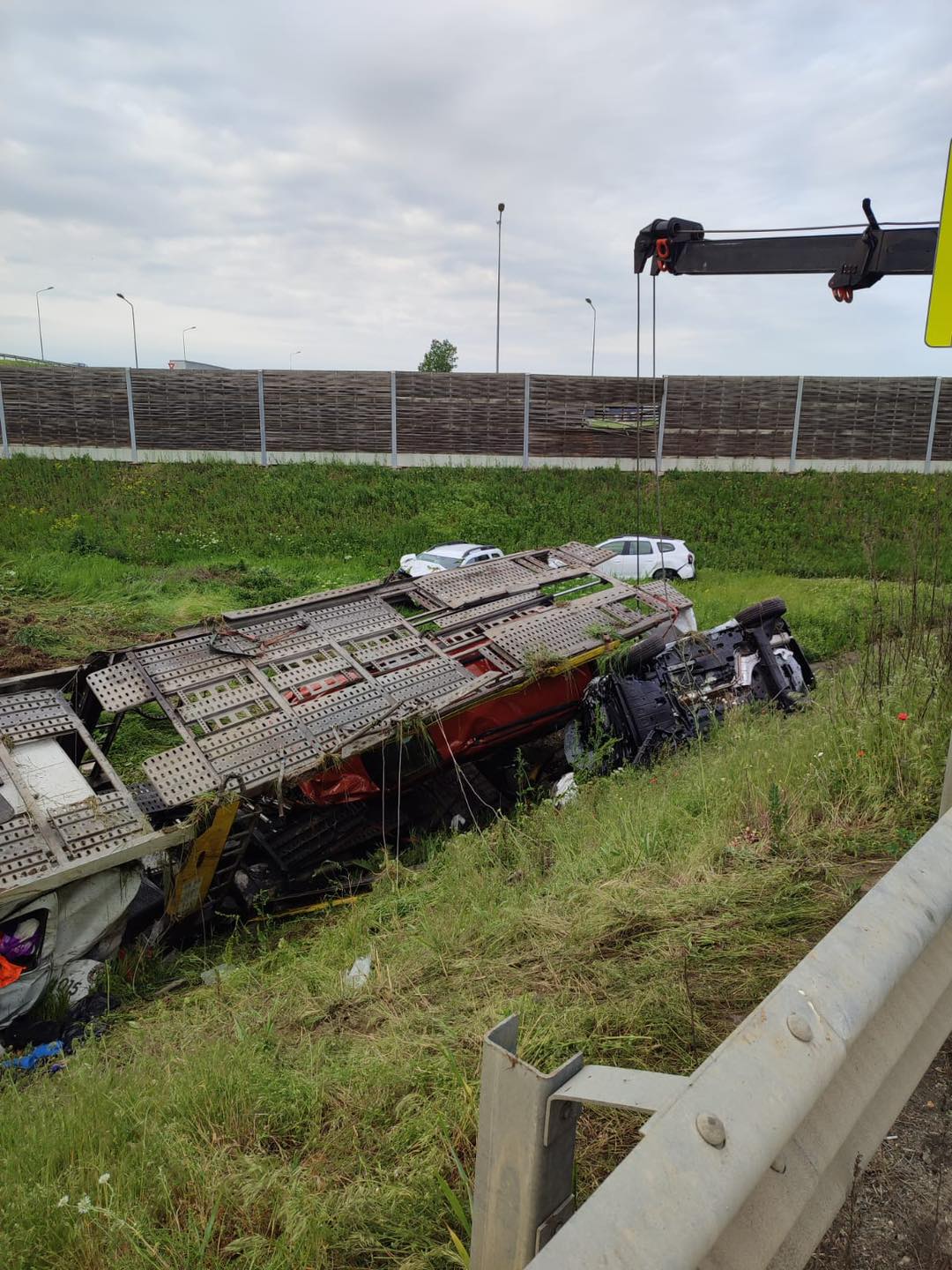 Dacii Duster împrăștiate pe câmp, la ieșirea de pe Autostrada Vestului, în Arad. Șoferul care le transporta pe platformă a murit la spital