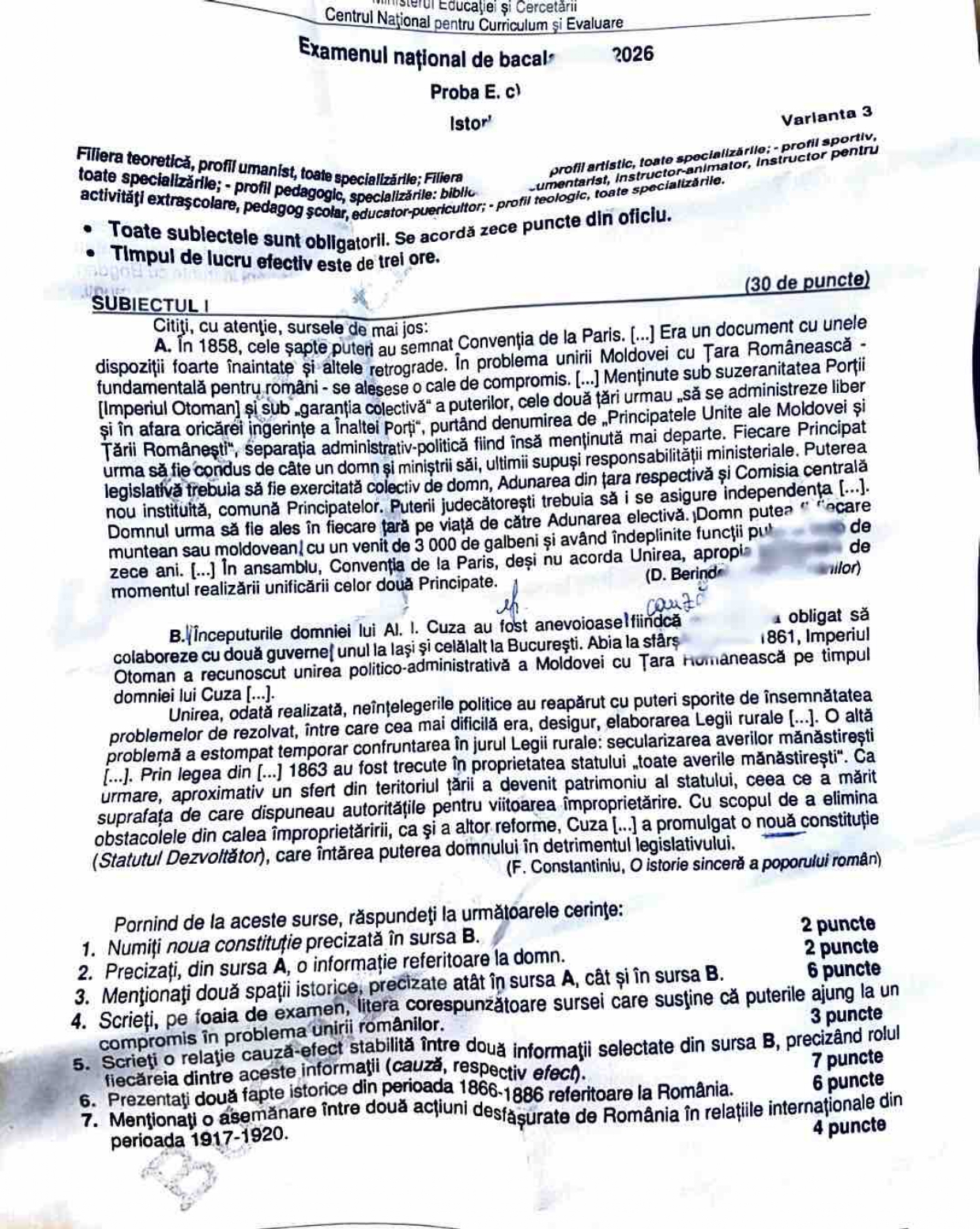 Examenul de BAC la Istorie 2026, pentru elevii de la uman, s-a încheiat. Ce subiecte au picat