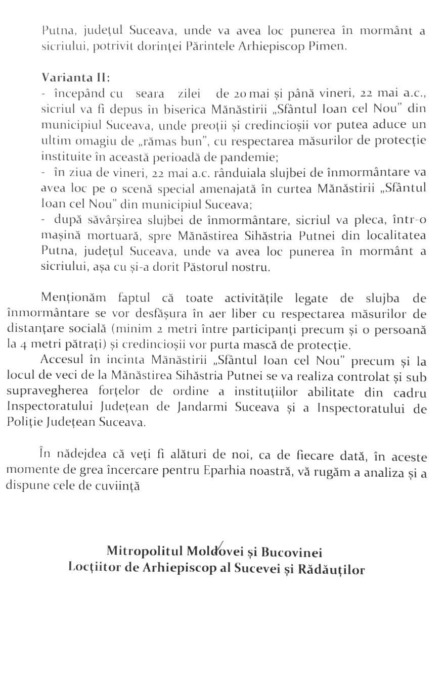 Instituția lui Arafat anunță că acordul pentru funeraliile lui Pimen nu a prevăzut și o derogare de la normele de sănătate publică