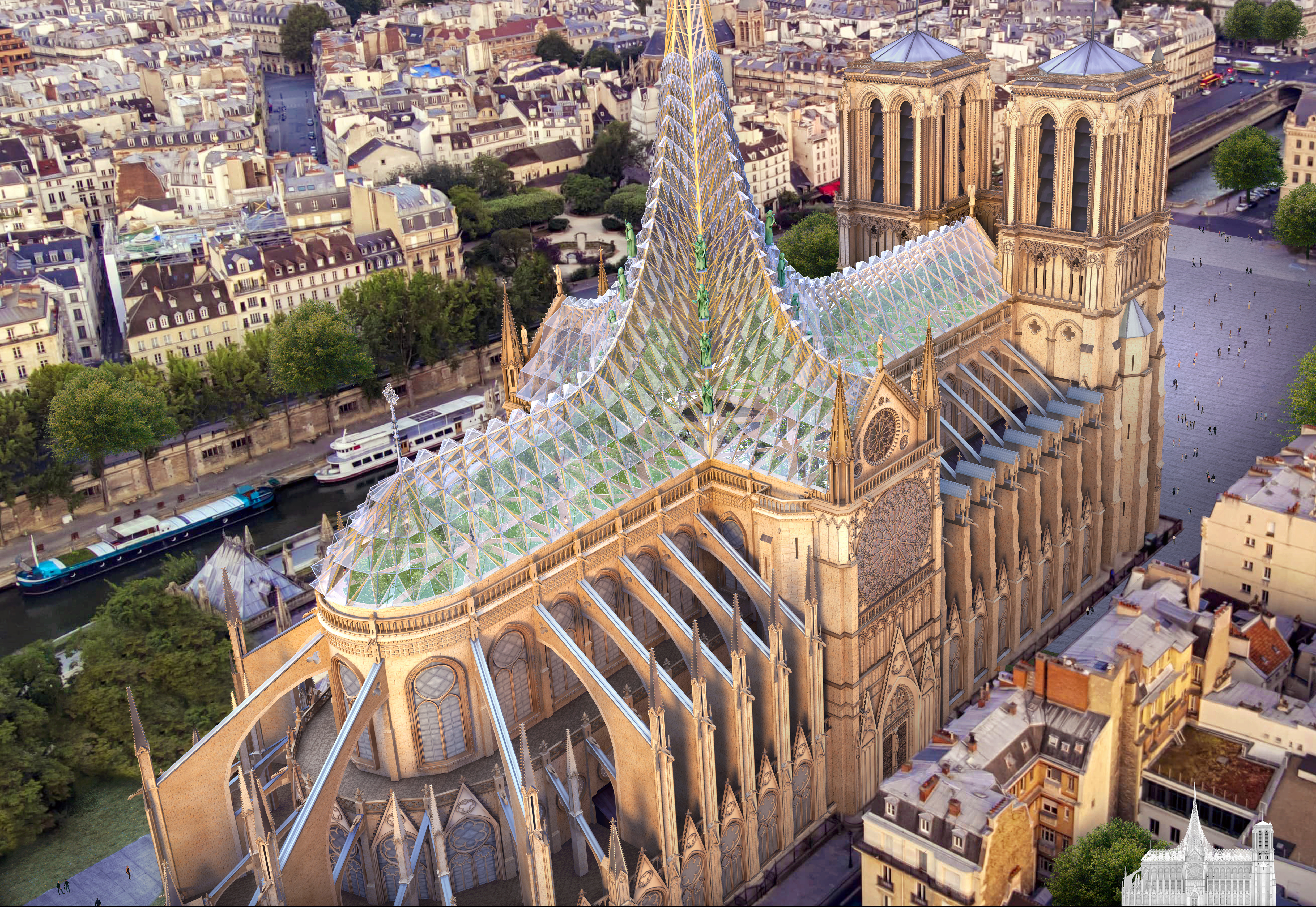 FOTO | Planul unui arhitect vizionar pentru restaurarea Catedralei Notre-Dame: O grădină de meditație și o fermă pe acoperișul clădirii la adăpostul unui dom din sticlă