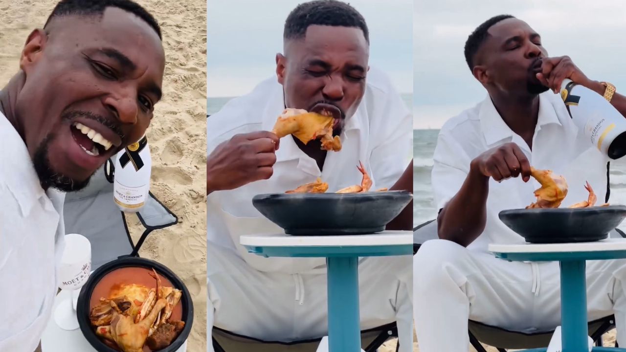 Kofi Gabs takes fufu in asanke with champagne to Dutch beach to mark birthday