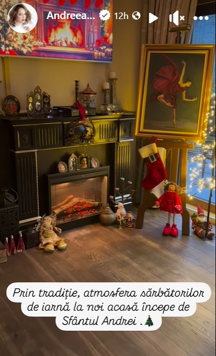 Imagini din casa Andreei Marin, decorată de Crăciun. În sufragerie are mai mulți brazi împodobiți, iar masa festivă e gata